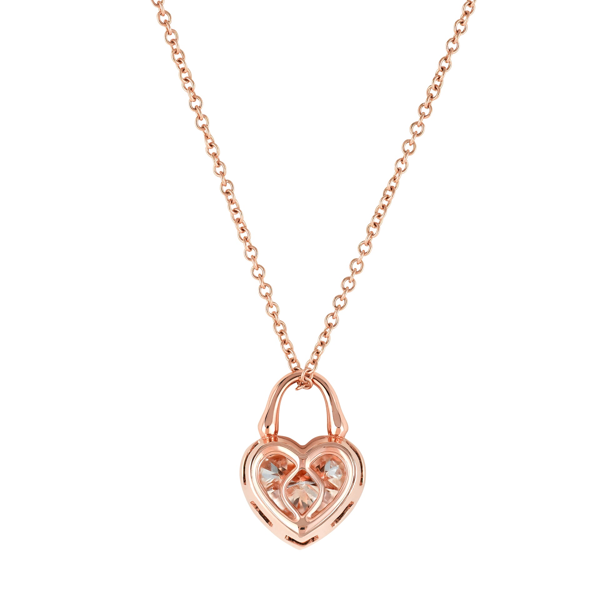 Close detail of Roseate TreasureLock 1.00 carat heart-shaped lab-grown diamond pendant in 18k rose gold