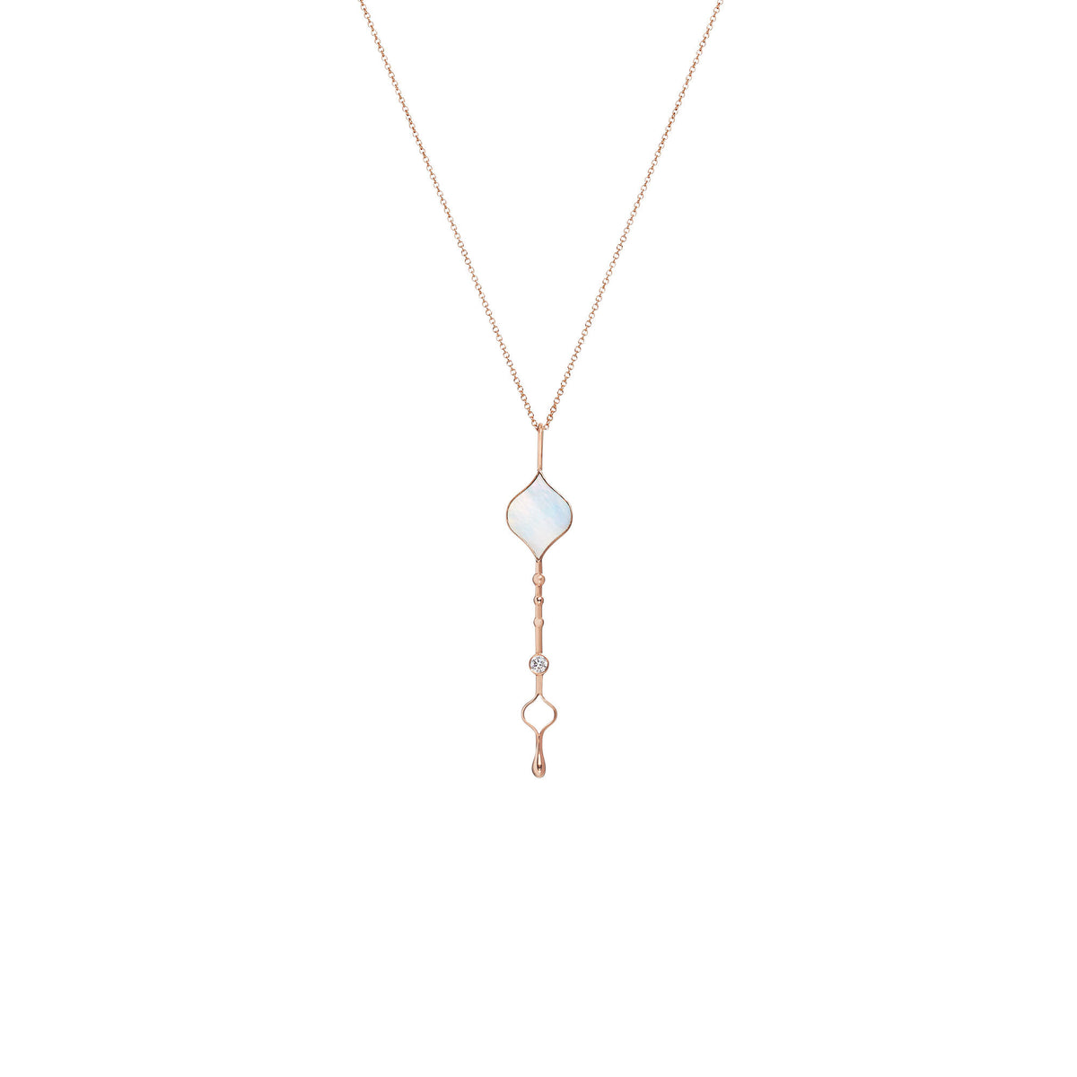 Roseate Unity Wand pendant in 18k yellow gold with mother-of-pearl shown on a chain