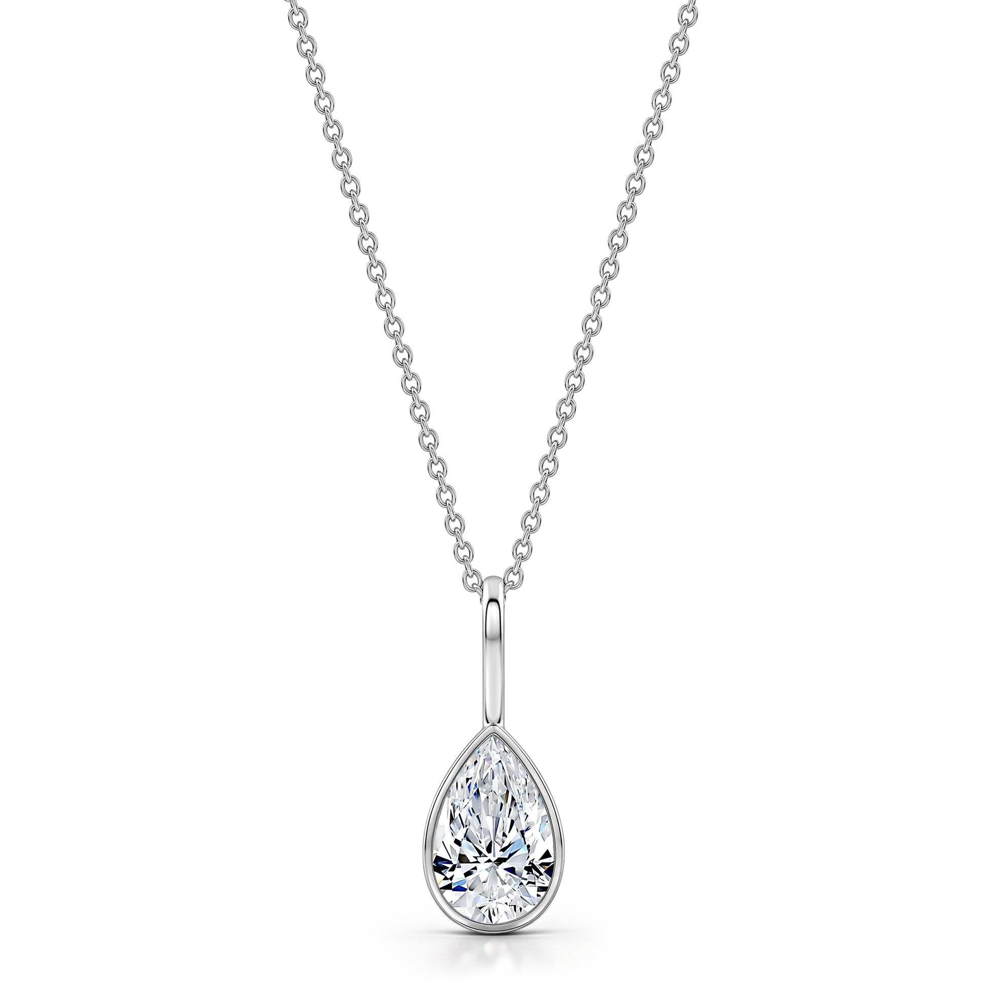 Roseate pear shaped diamond pendant on a chain in white gold