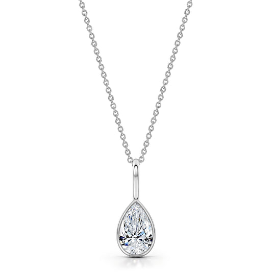 Roseate pear shaped diamond pendant on a chain in white gold