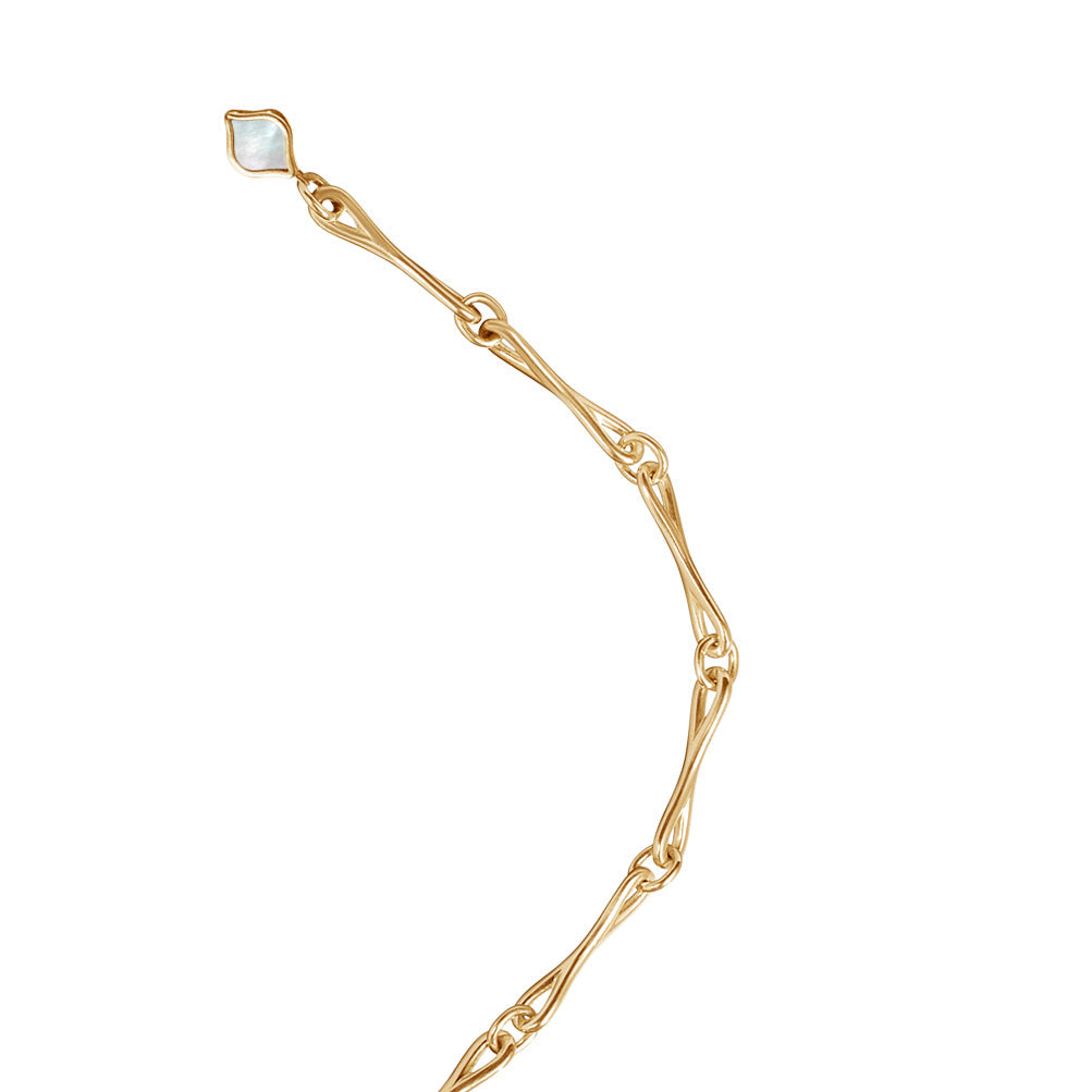 Close detail of Roseate WaterDrop small link bracelet in 14k yellow gold with mother-of-pearl