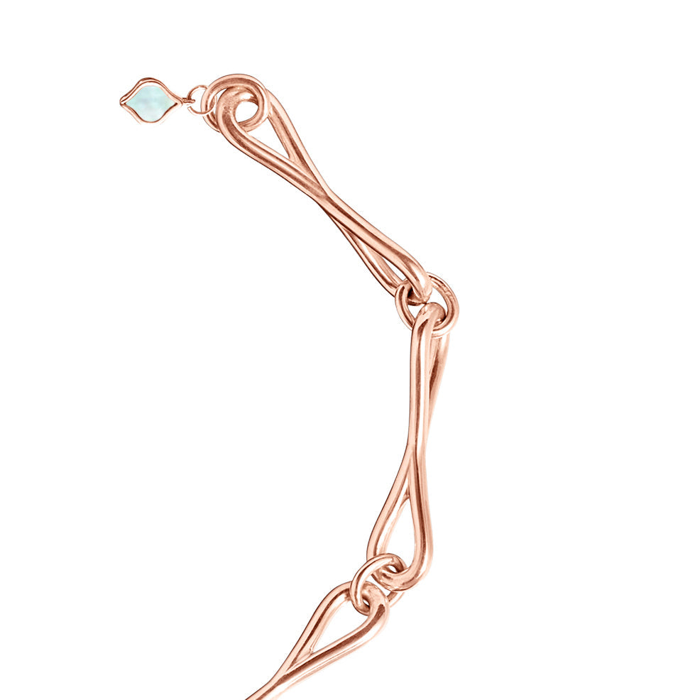 Close detail of Roseate WaterDrop medium link bracelet in 14k rose gold with mother-of-pearl