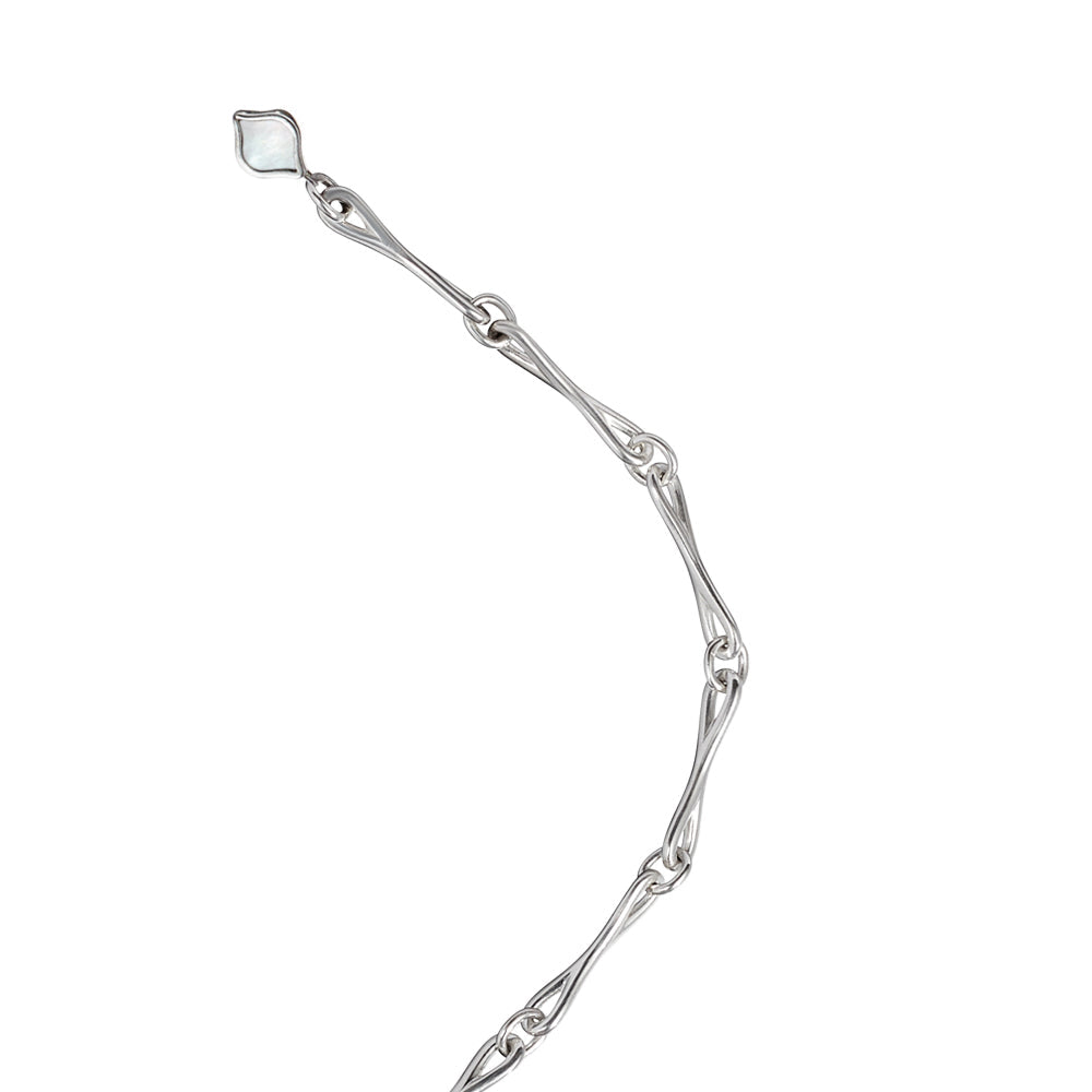 Close detail of Roseate WaterDrop small link bracelet in sterling silver with mother-of-pearl