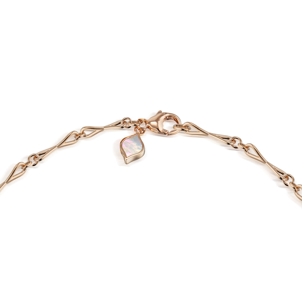 Close detail of Roseate WaterDrop medium link necklace in 14k rose gold with mother-of-pearl