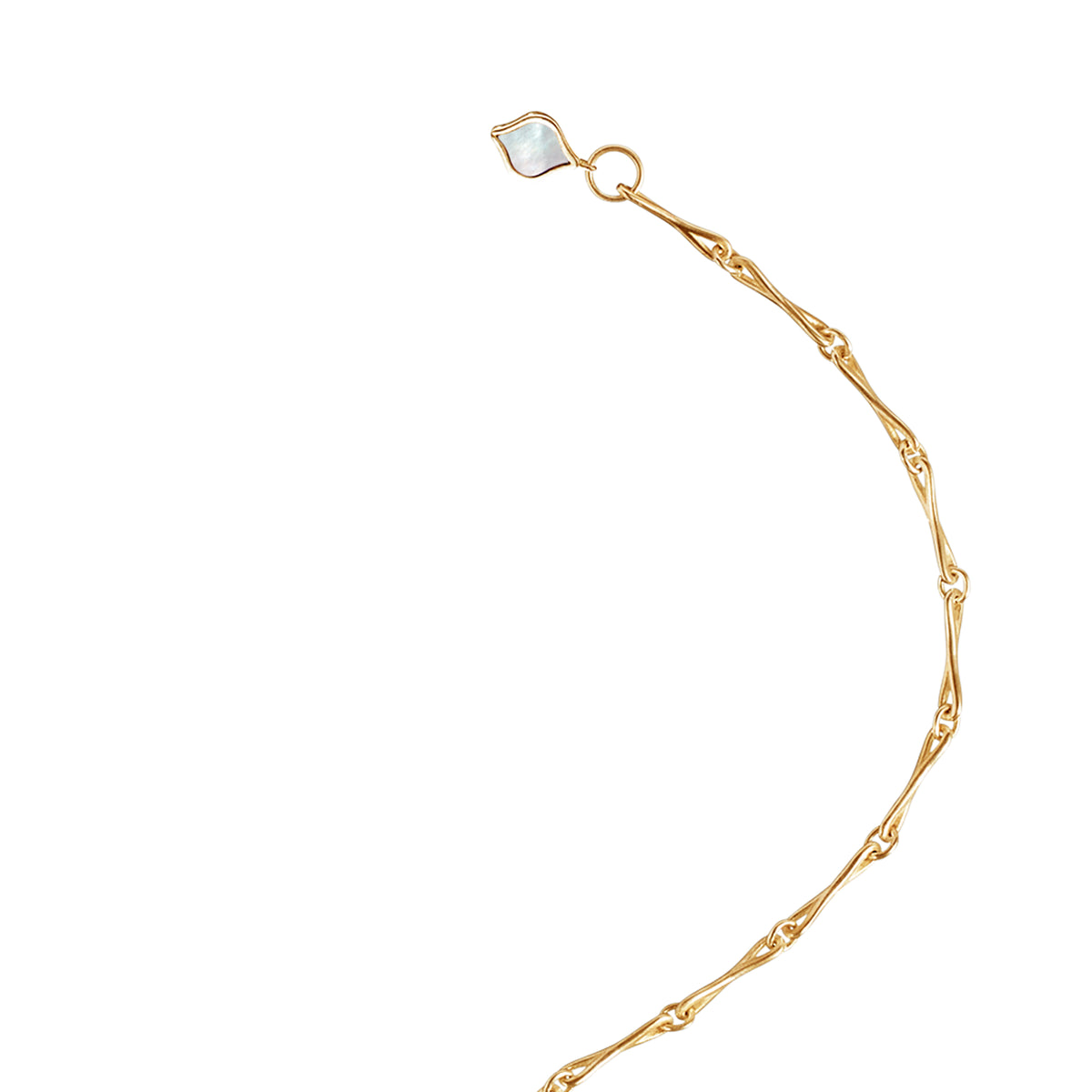 Close detail of the mother-of-pearl tag on the Roseate WaterDrop small link bracelet in 14k yellow gold