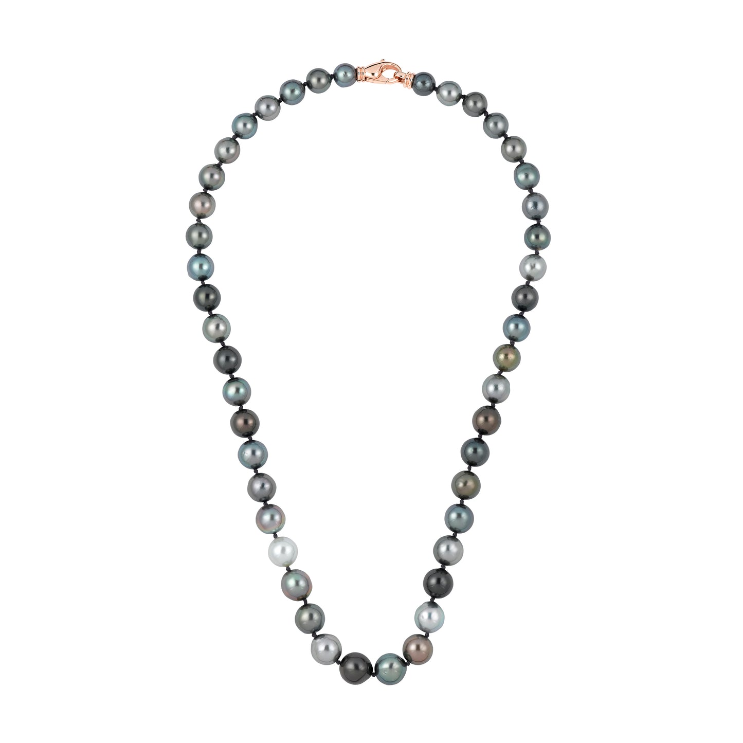 A Tahitian multicolor near round baroque pearl necklace with a 14k rose gold lobster clasp.