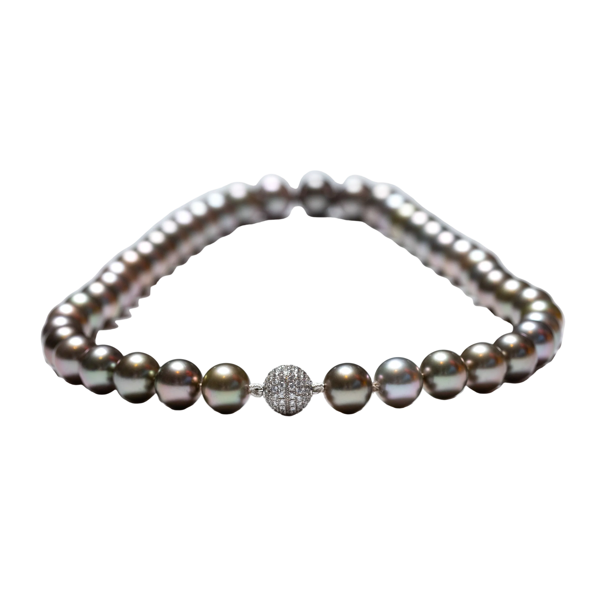 Tahitian grey pearl necklace strand highlighting 18k white gold diamond ball clasp