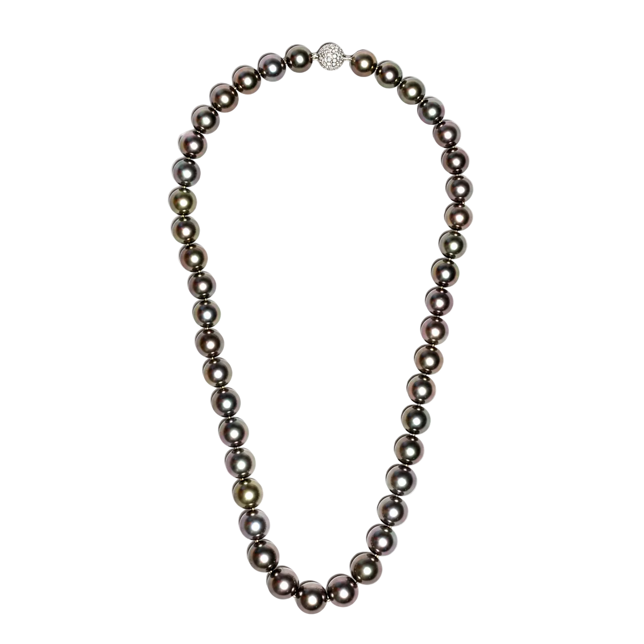 Tahitan pearl strand necklace with a 18k white gold and diamond ball clasp