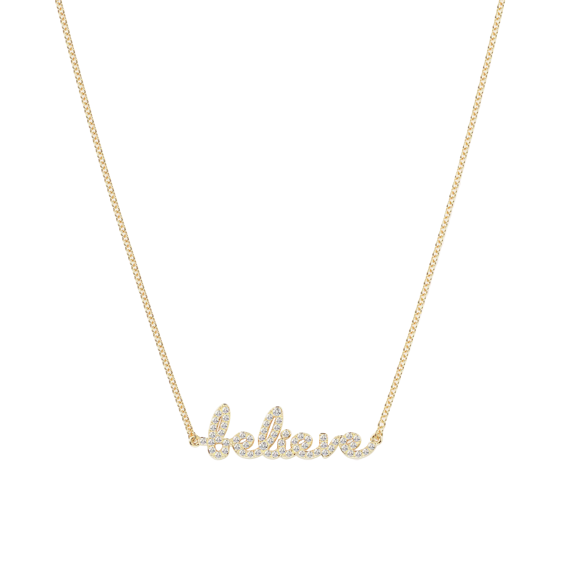 14k yellow gold necklace with the word 'believe' featured in script as a pendant on a white background