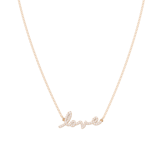 Tiary Love Story necklace in solid 14K rose gold featuring a pavé-set natural diamond script "Love" centerpiece on a fine yellow gold chain.