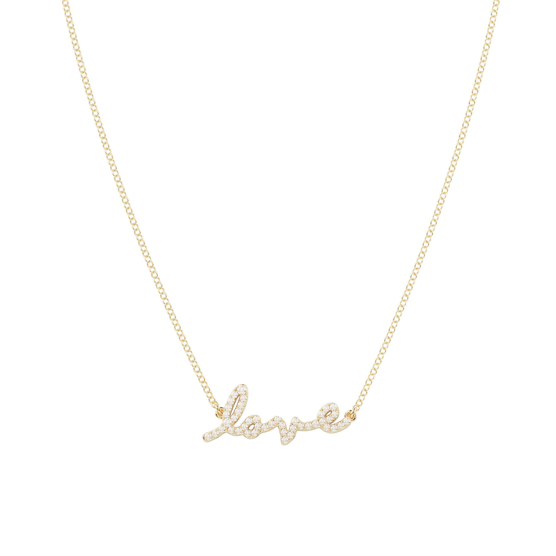 Tiary Love Story necklace in solid 14K yellow gold featuring a pavé-set natural diamond script "Love" centerpiece on a fine yellow gold chain.