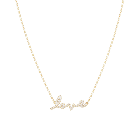 Tiary Love Story necklace in solid 14K yellow gold featuring a pavé-set natural diamond script "Love" centerpiece on a fine yellow gold chain.