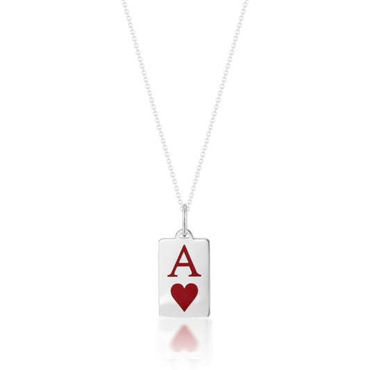 Tiary Ace of Hearts pendant in sterling silver featuring a red colin resin enamel playing card design with a red Ace and heart symbol on a sterling silver chain.