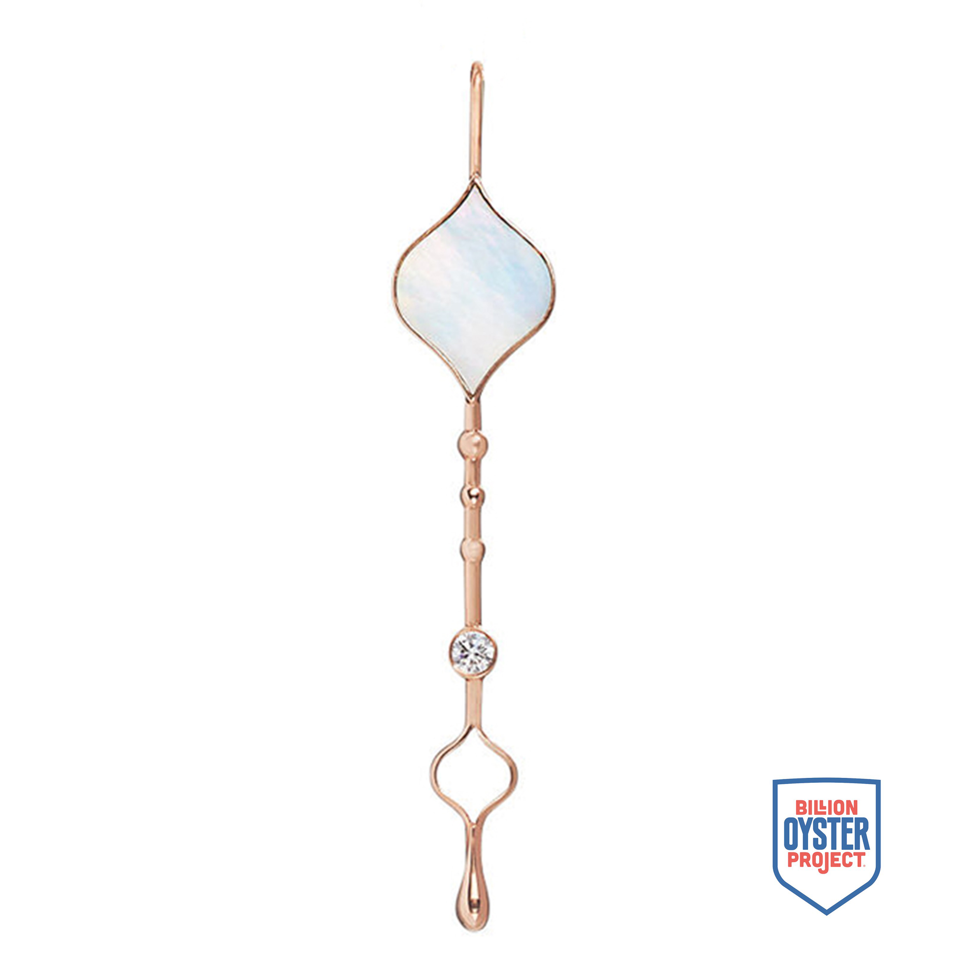 Unity Wand Pendant in 18K rose gold with luminous mother-of-pearl, shown with Billion Oyster Project badge supporting oyster reef restoration