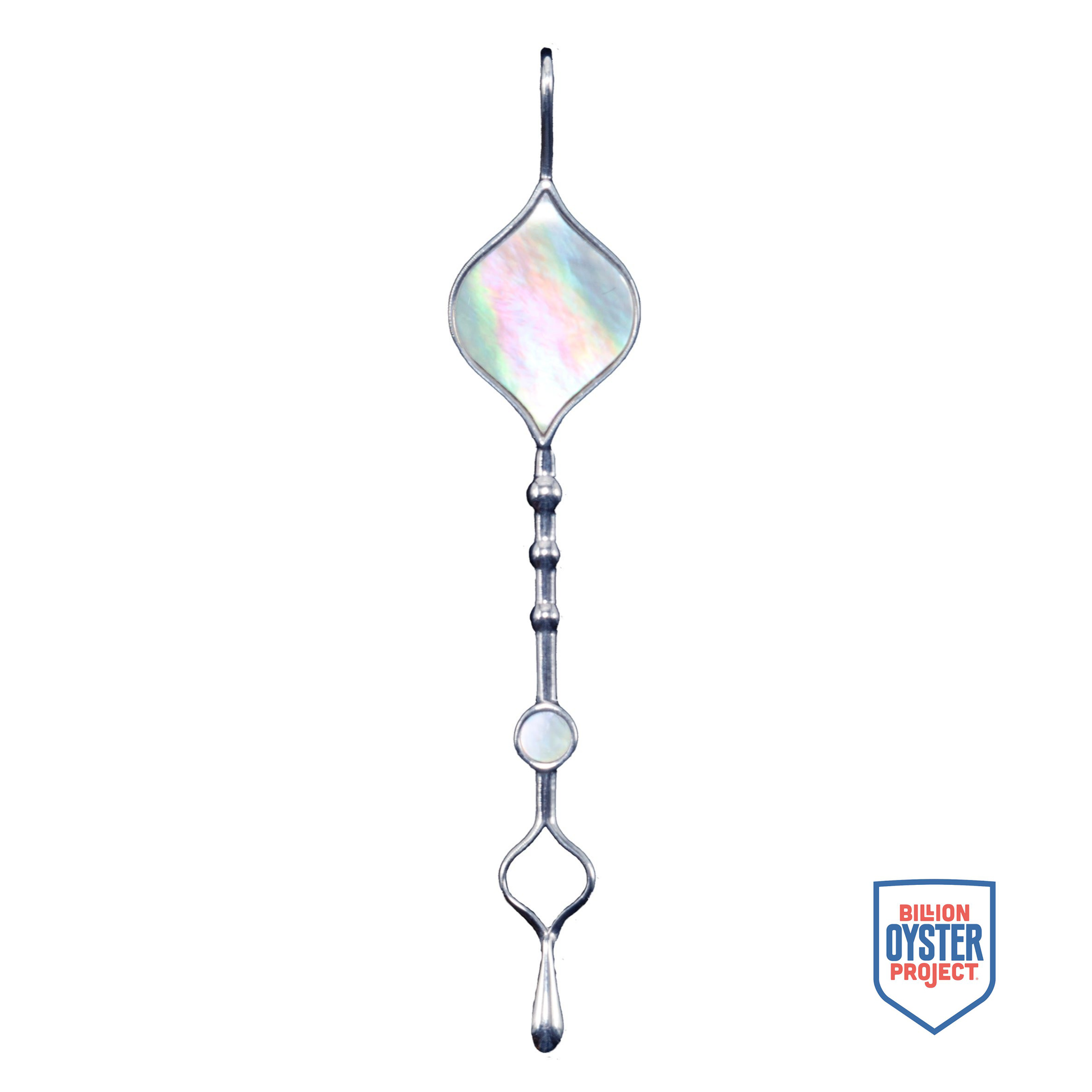 Unity Wand Pendant in sterling silver with luminous mother-of-pearl, shown with Billion Oyster Project badge supporting oyster reef restoration