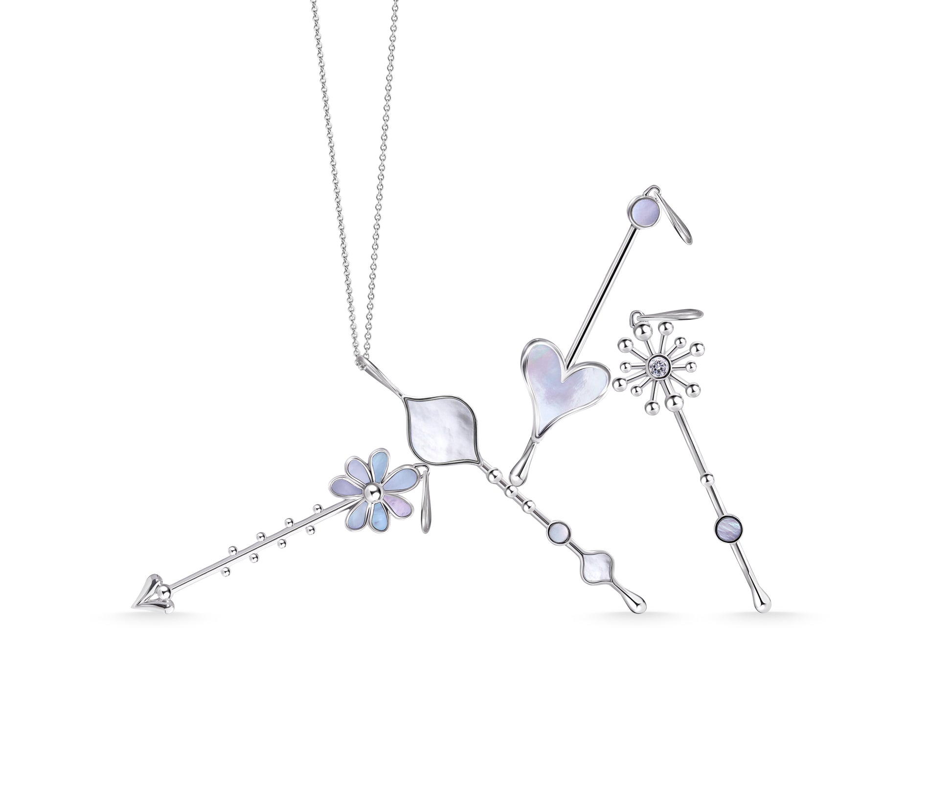Multiple Wand pendants in sterling silver with mother-of-pearl displayed together