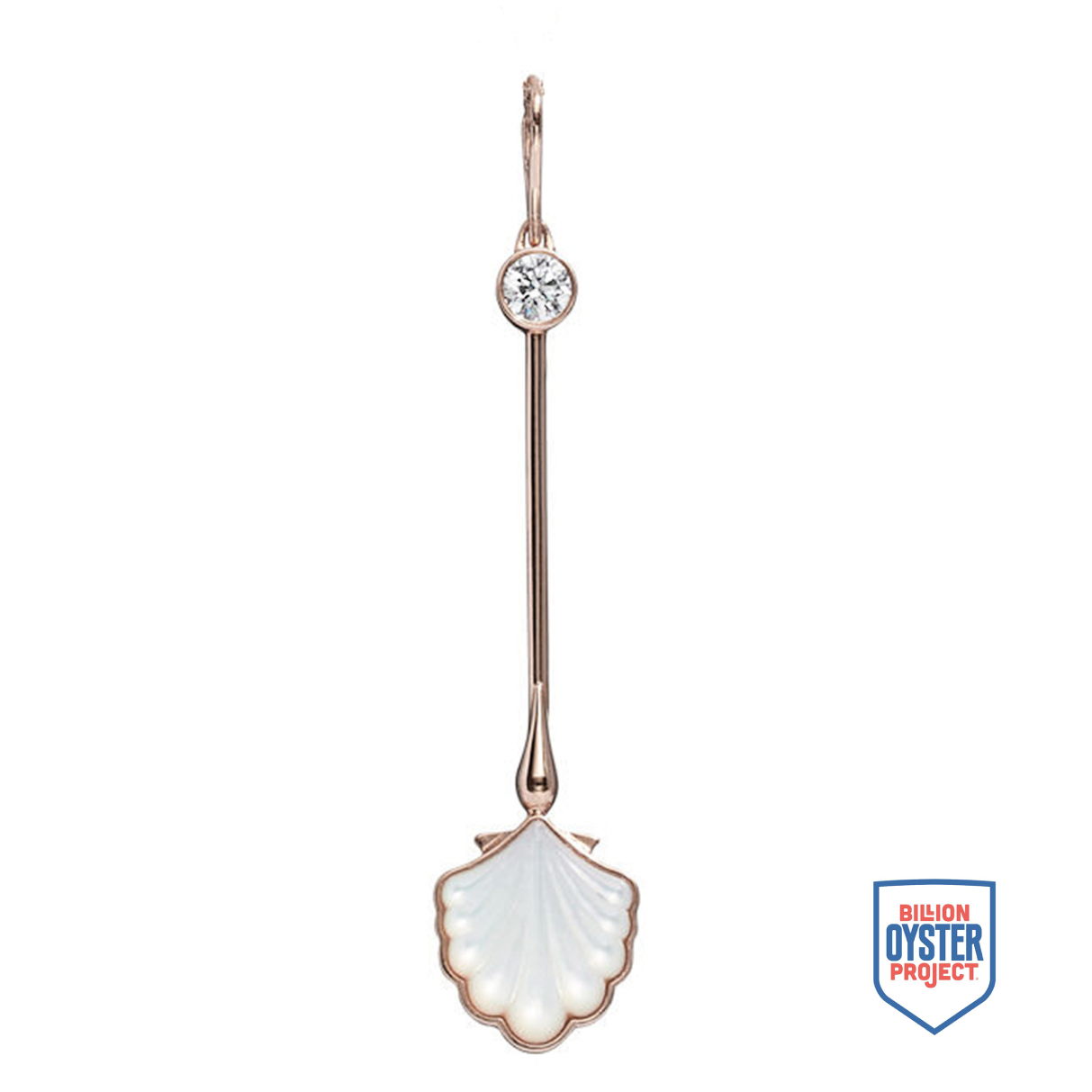 Water Wand Pendant in 18K rose gold with luminous mother-of-pearl, shown with Billion Oyster Project badge supporting oyster reef restoration
