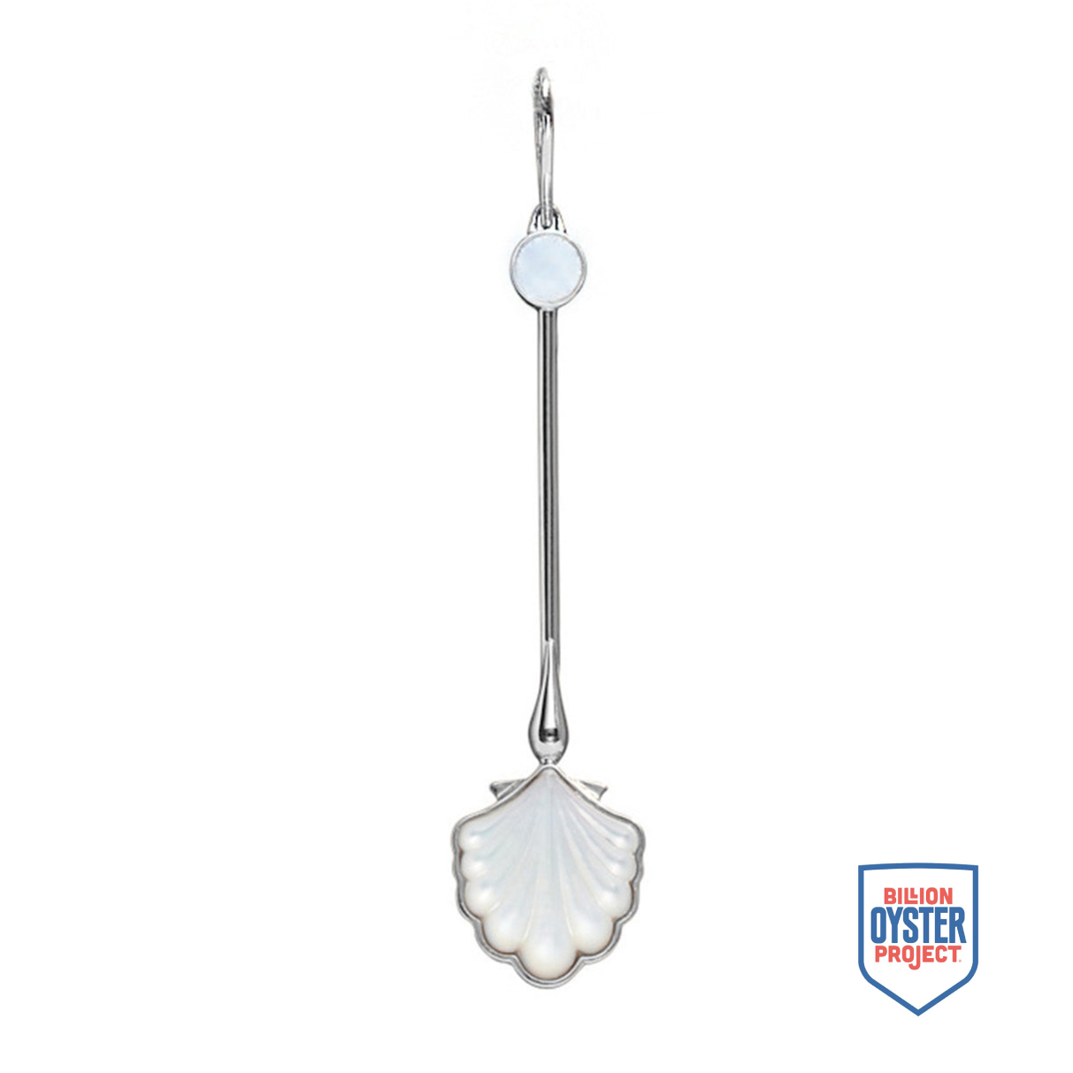Sterling silver Water Wand Pendant with luminous mother-of-pearl, shown with Billion Oyster Project badge supporting oyster reef restoration