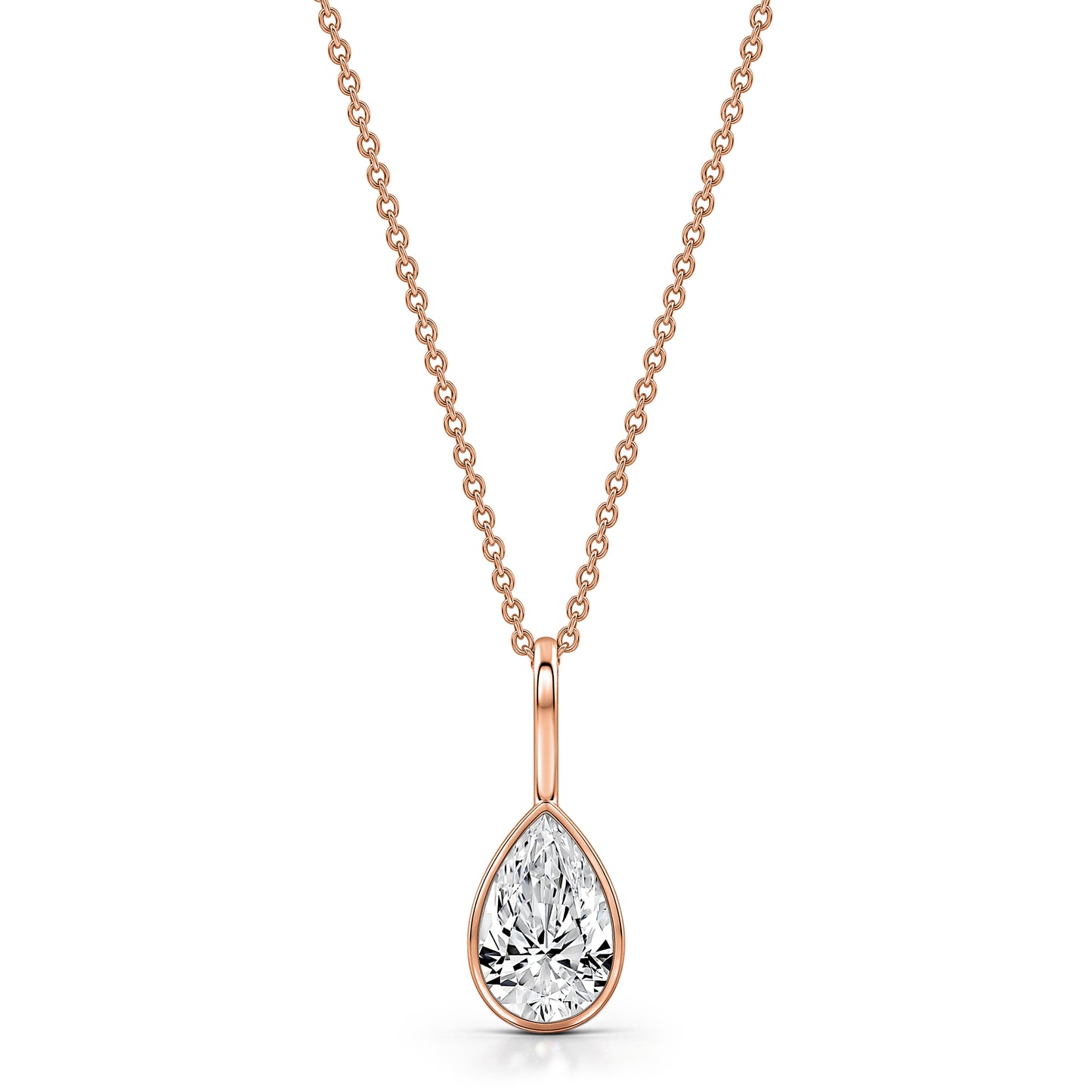 Roseate one carat pear shaped WaterDrop pendant on a delicate cabel chain in rose gold