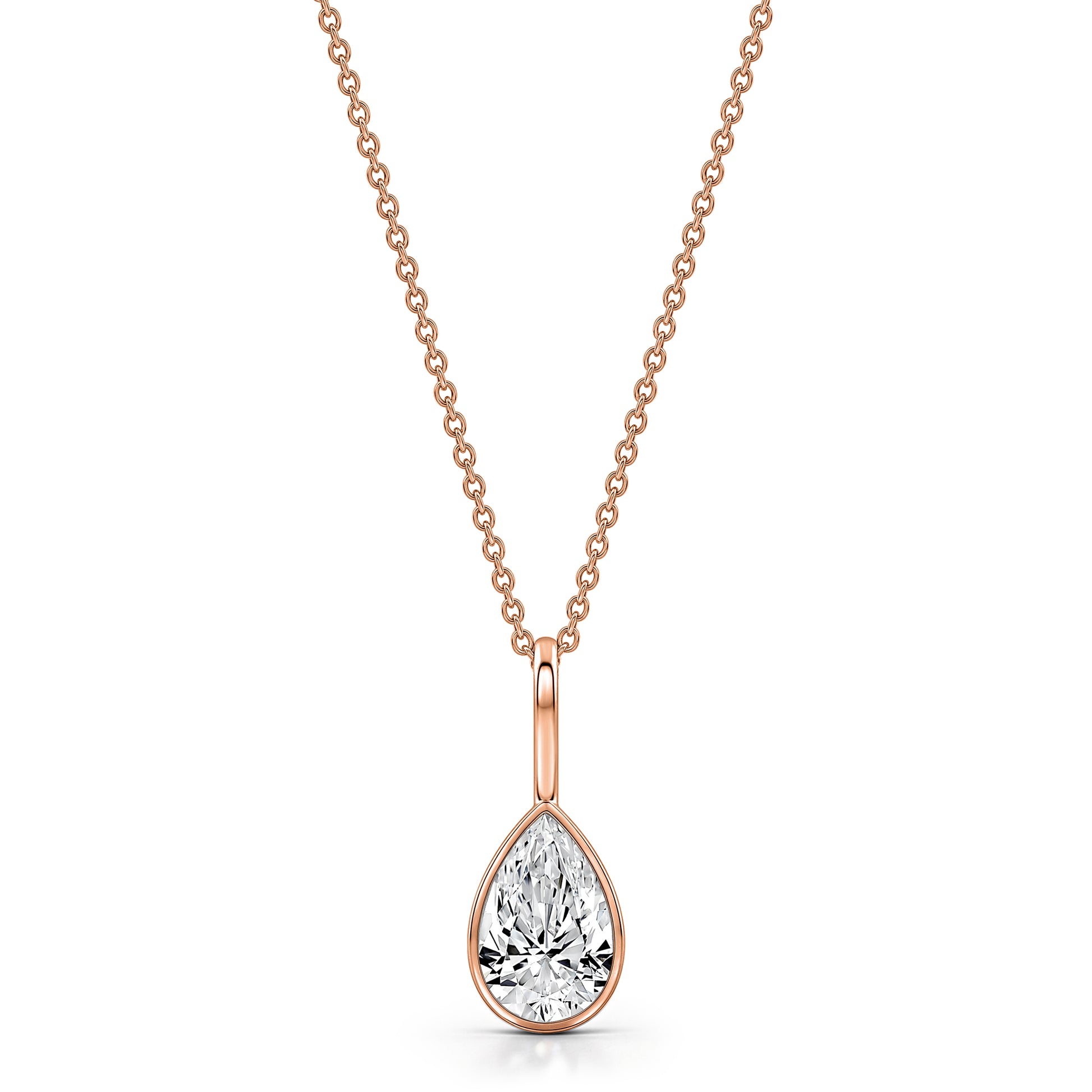 Roseate one carat pear shaped WaterDrop pendant on a delicate cabel chain in rose gold