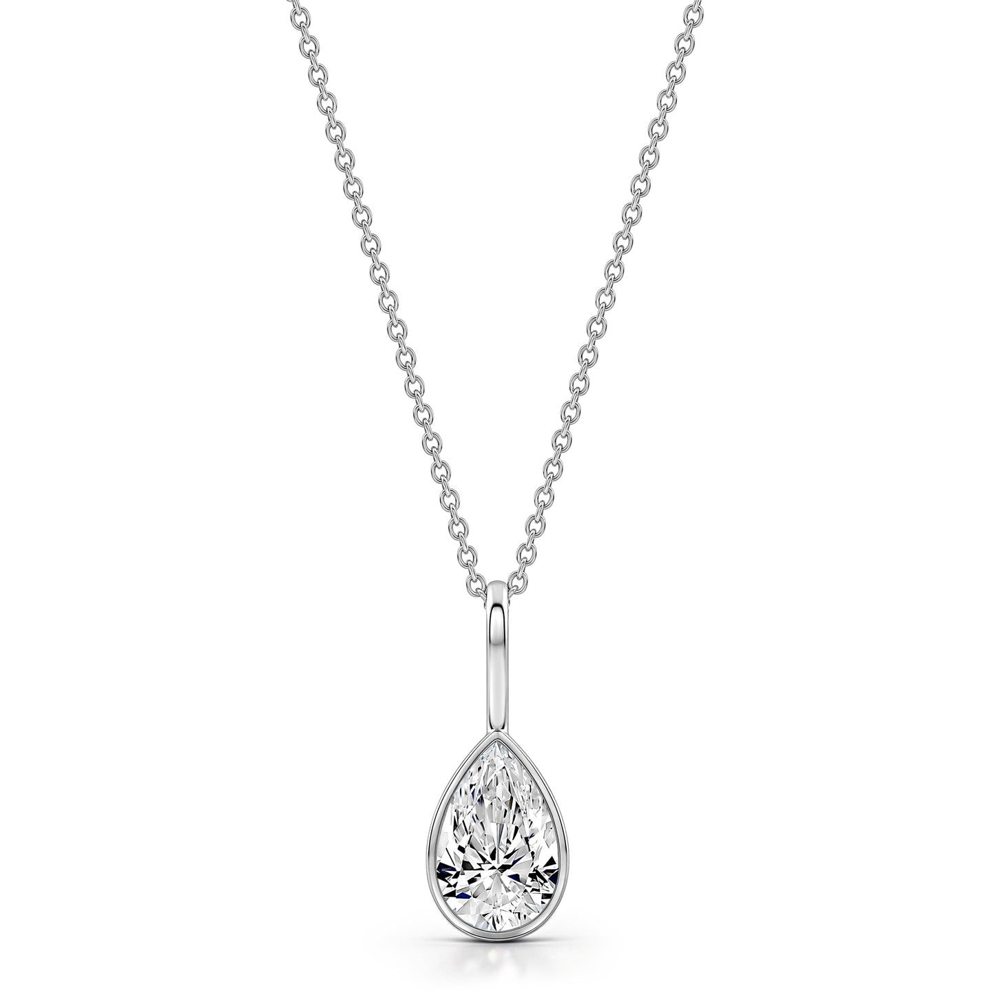 Roseate one carat pear shaped WaterDrop pendant on a delicate cabel chain in white gold