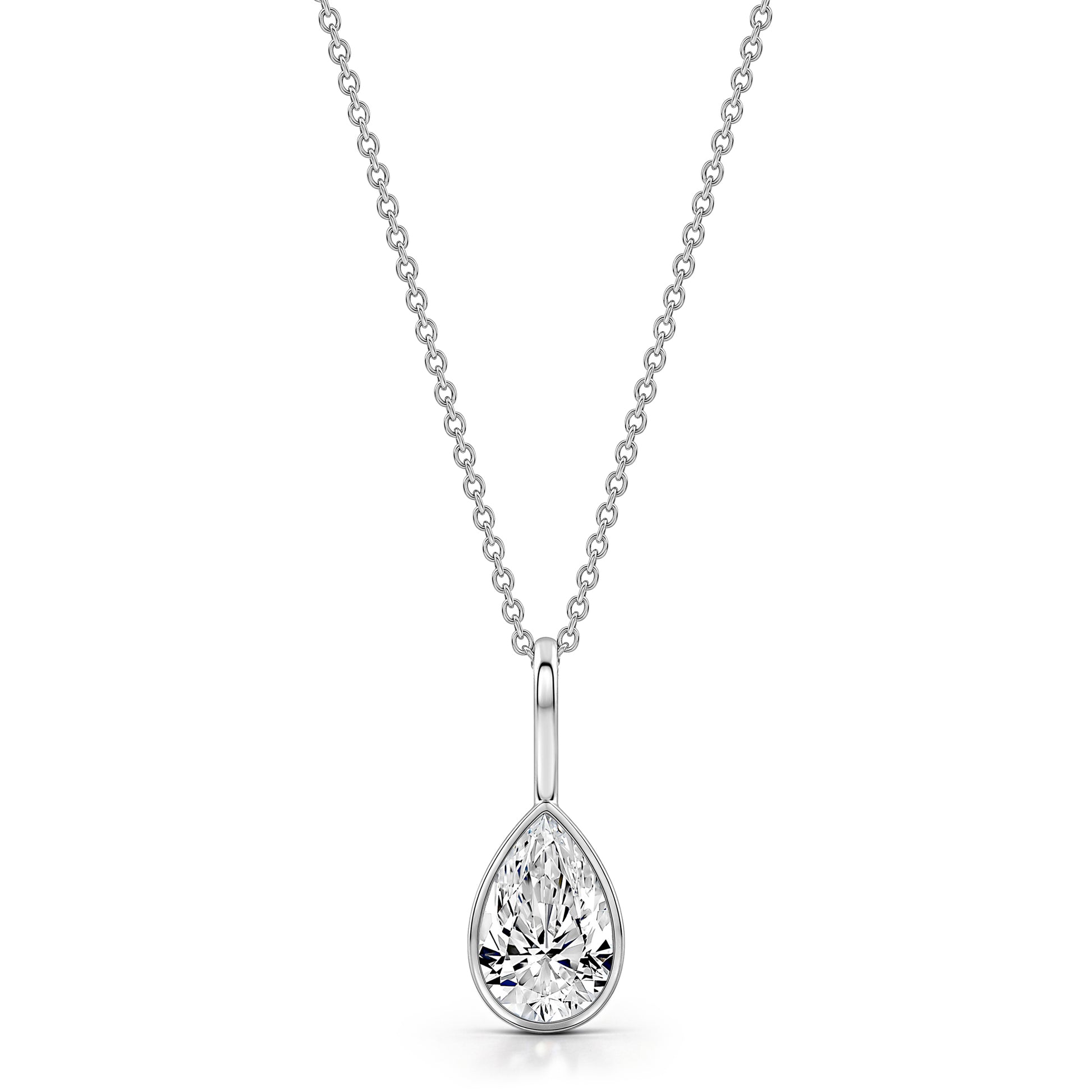 Roseate one carat pear shaped WaterDrop pendant on a delicate cabel chain in white gold