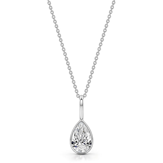 Roseate one carat pear shaped WaterDrop pendant on a delicate cabel chain in white gold