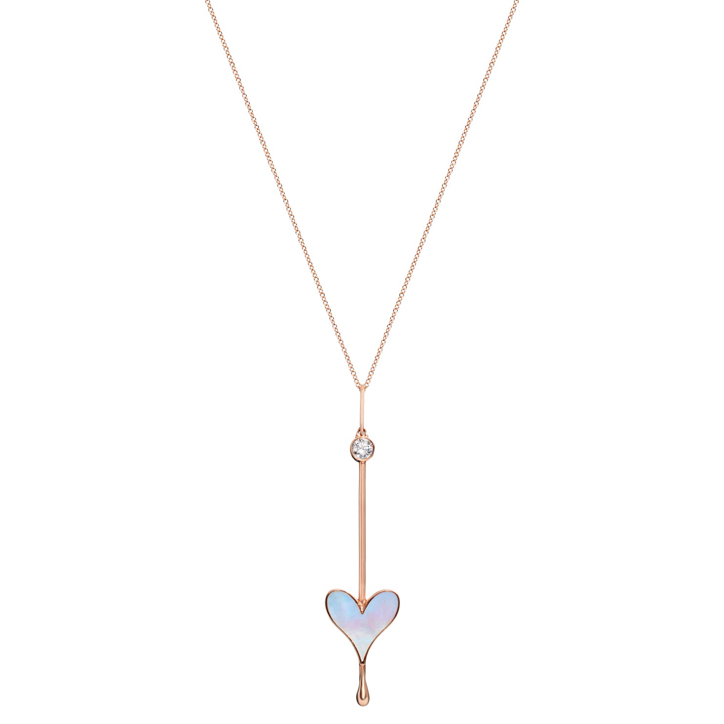 Love Wand Pendant in 18k rose gold and a lab-grown diamond with luminous mother-of-pearl on a gold chain