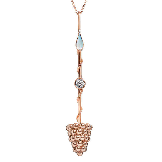 Prosperity Wand Pendant in 18K rose gold with luminous mother-of-pearl and a lab-grown diamond on a chain in a cropped image
