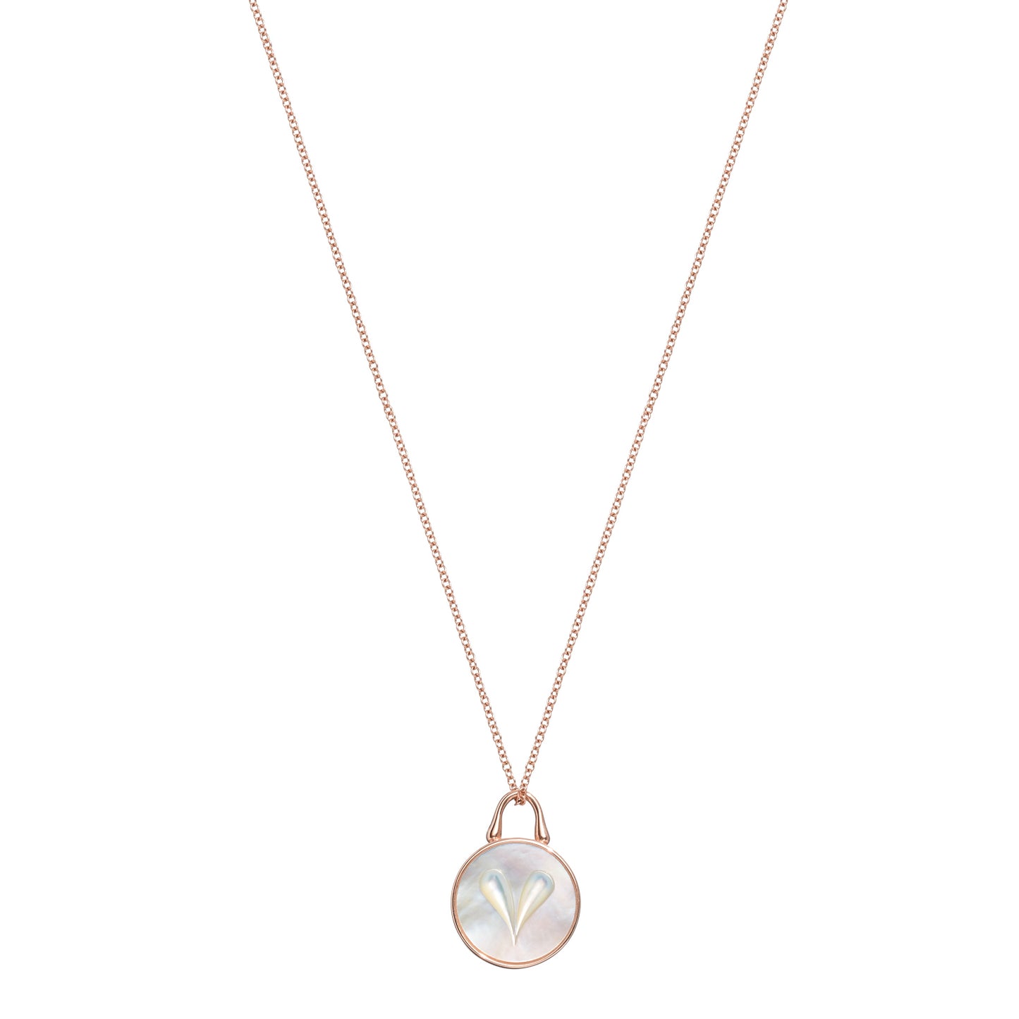 Close detail of Roseate Cameo 12mm heart pendant in 18k rose gold with mother-of-pearl