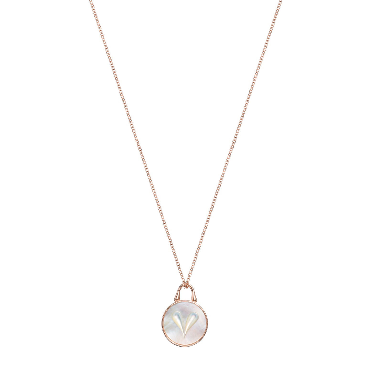 Close detail of Roseate Cameo 12mm heart pendant in 18k rose gold with mother-of-pearl