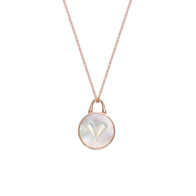Close detail of Roseate Cameo 12mm heart pendant in 18k rose gold with mother-of-pearl