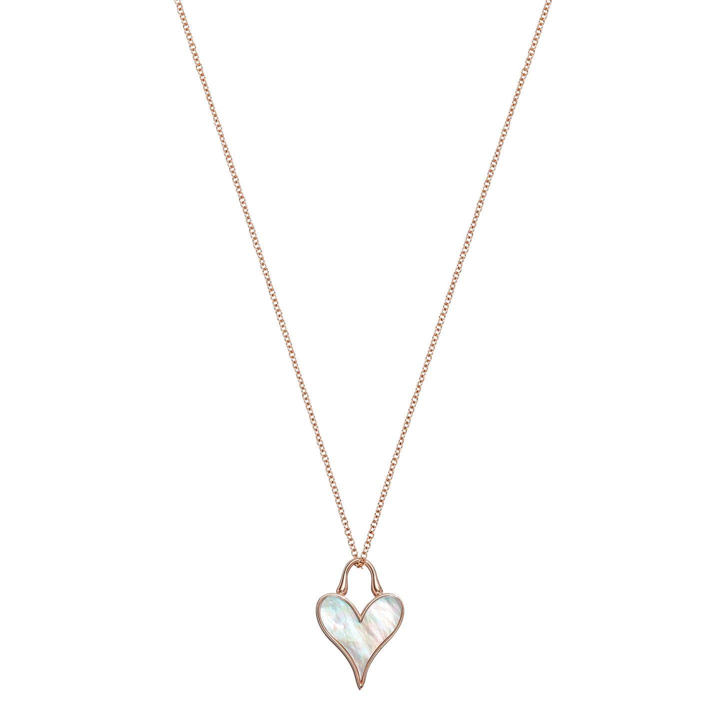 Close detail of Roseate LoveLock 12mm pendant in 18k rose gold with mother-of-pearl