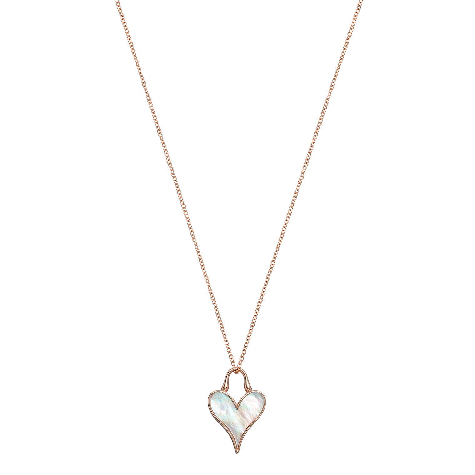 Close detail of Roseate LoveLock 12mm pendant in 18k rose gold with mother-of-pearl