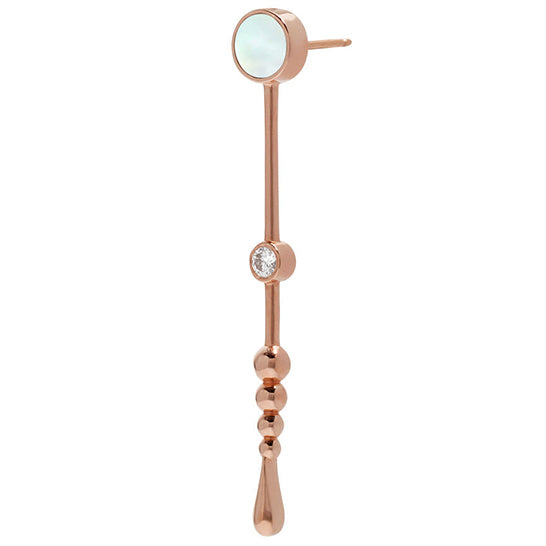 Close detail of Roseate Loyalty Wand earrings in 18k rose gold with mother-of-pearl