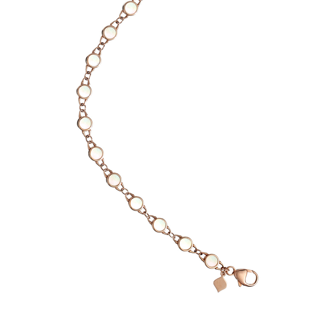 Close detail of Roseate TreasureLock 3mm mother-of-pearl disc bracelet in 18k rose gold