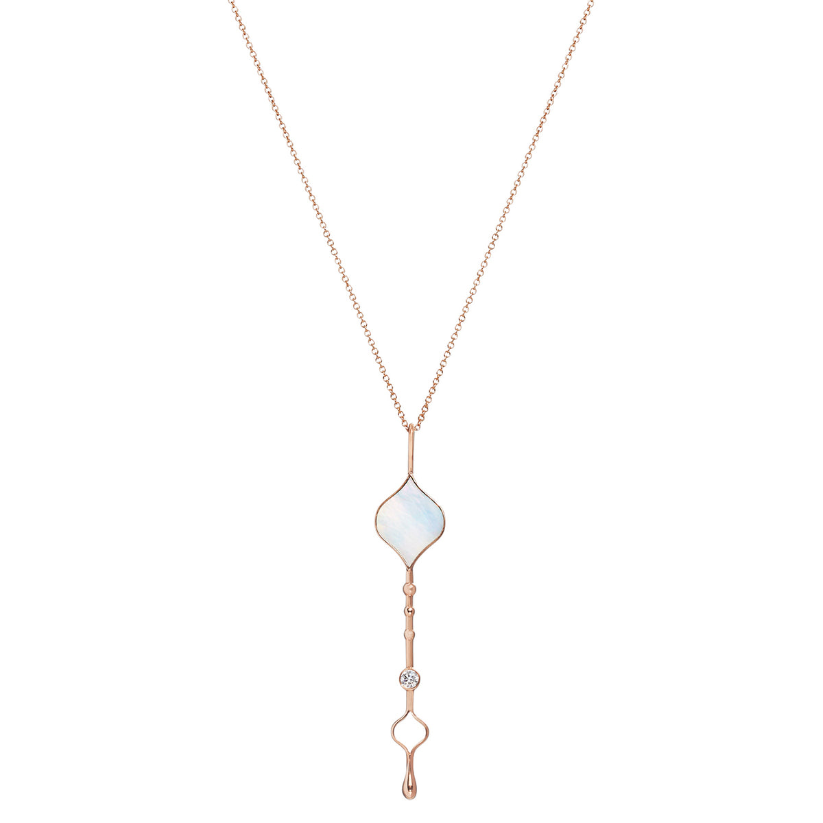 Roseate Unity Wand pendant in 18k rose gold with mother-of-pearl shown on a chain