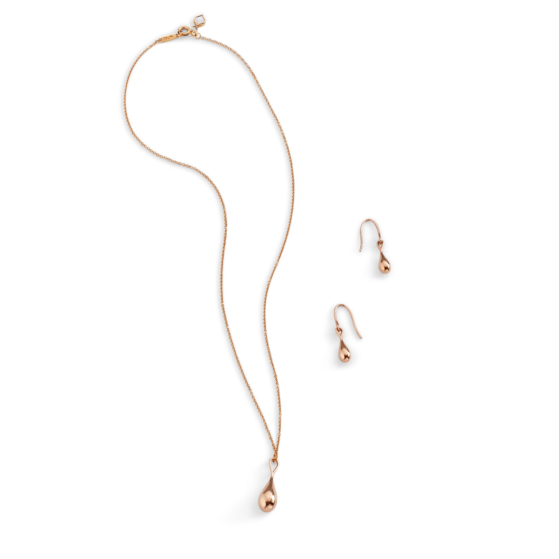 Roseate WaterDrop small earrings in 14k rose gold with mother-of-pearl styled in context
