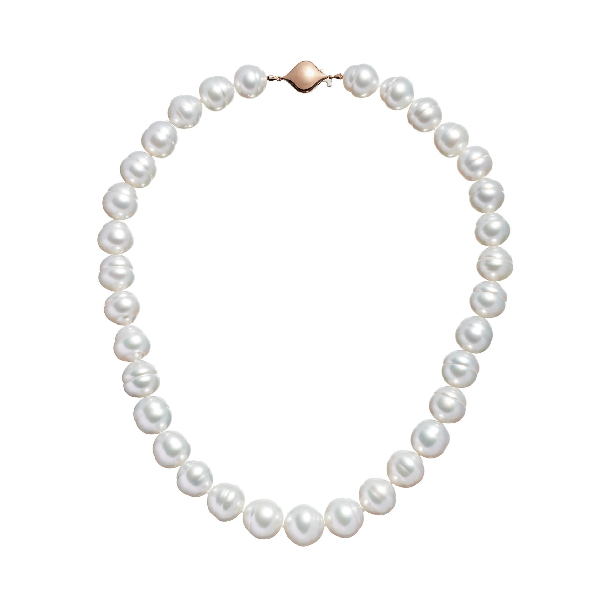 Roseate white Australian South Sea circle cultured pearl necklace featuring naturally luminous Paspaley pearls and an 18K rose gold clasp