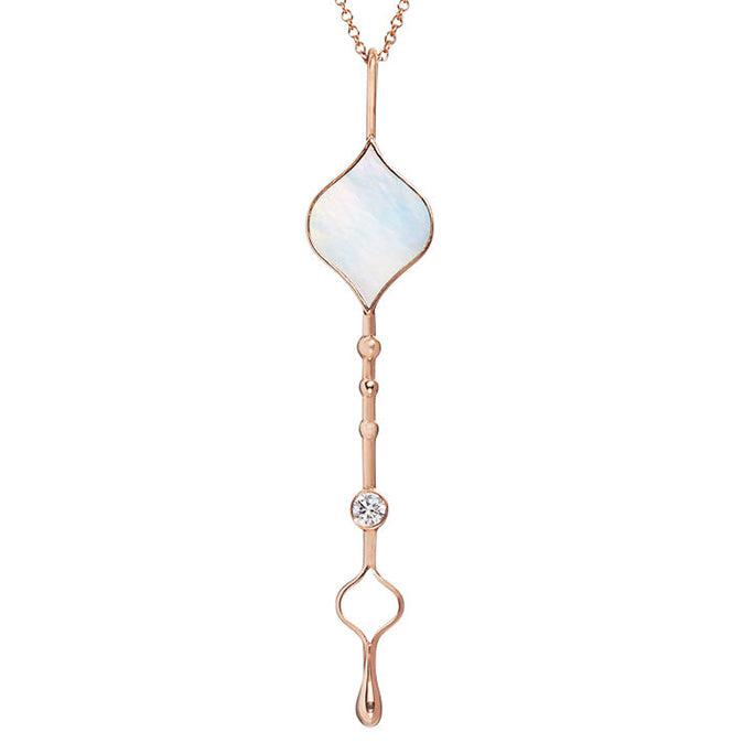 Light Wand Pendant in 18K rose gold with luminous mother-of-pearl on a chain in a cropped image